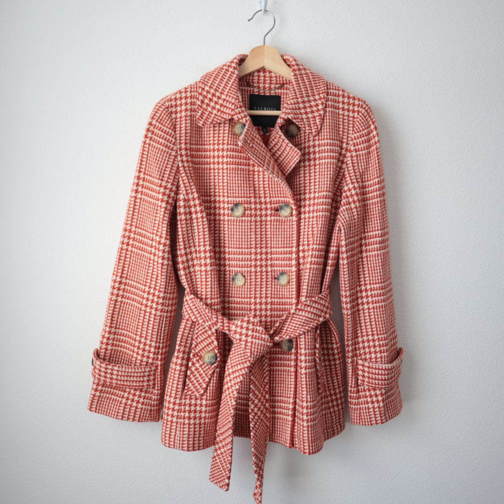 Talbots Burnt Orange Wool Blend Houndstooth Double Breasted Pea Coat | 12p